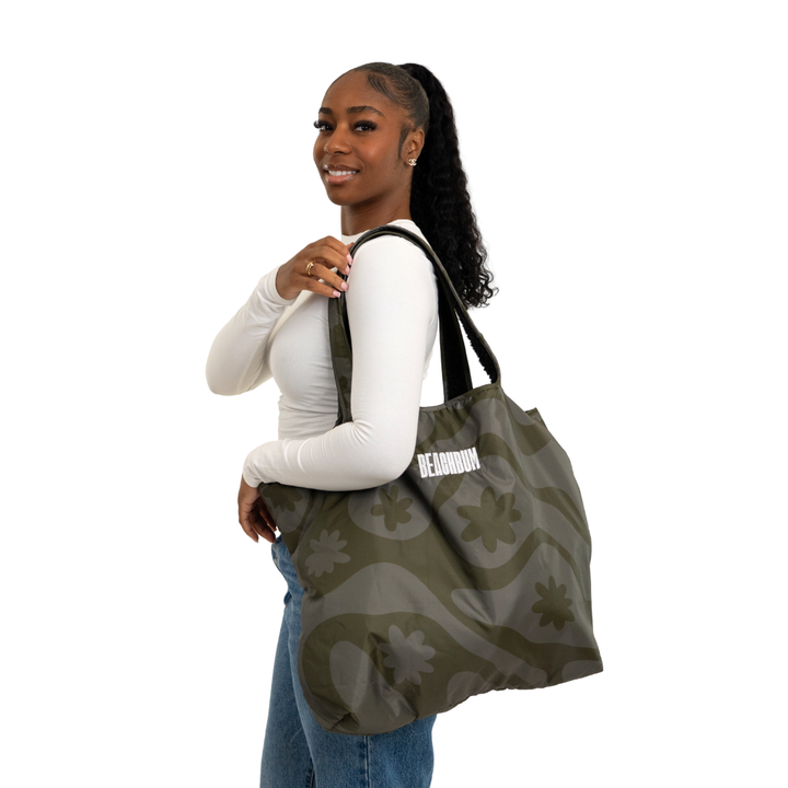 RECYCLED REVERSIBLE TOTE BAG - OLIVE - CORAL COLLECTION