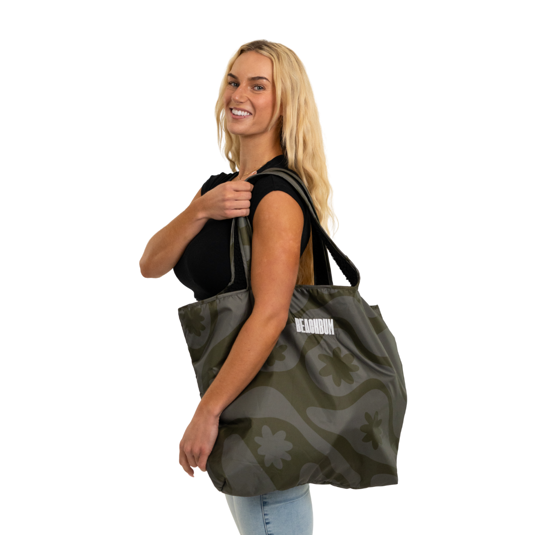 RECYCLED REVERSIBLE TOTE BAG - OLIVE - CORAL COLLECTION